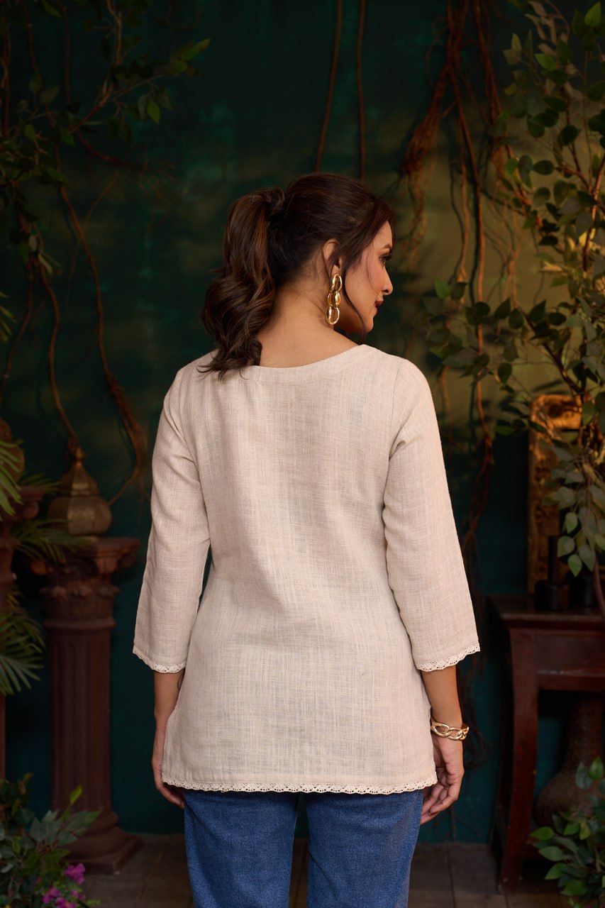 Natural Khadi Short Kurta – 3D Flower Embroidery – 3/4 Sleeves