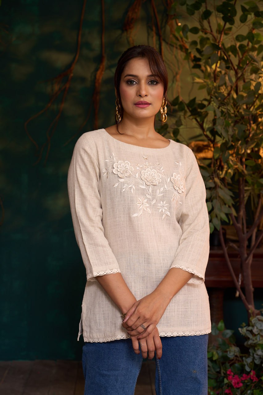 Natural Khadi Short Kurta – 3D Flower Embroidery – 3/4 Sleeves