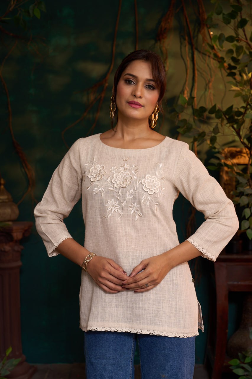 Natural Khadi Short Kurta – 3D Flower Embroidery – 3/4 Sleeves