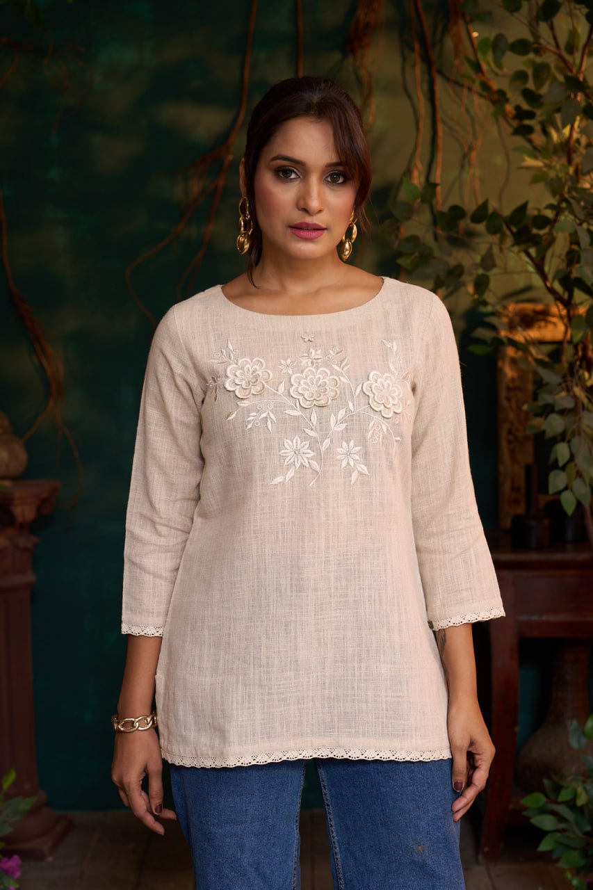 Natural Khadi Short Kurta – 3D Flower Embroidery – 3/4 Sleeves