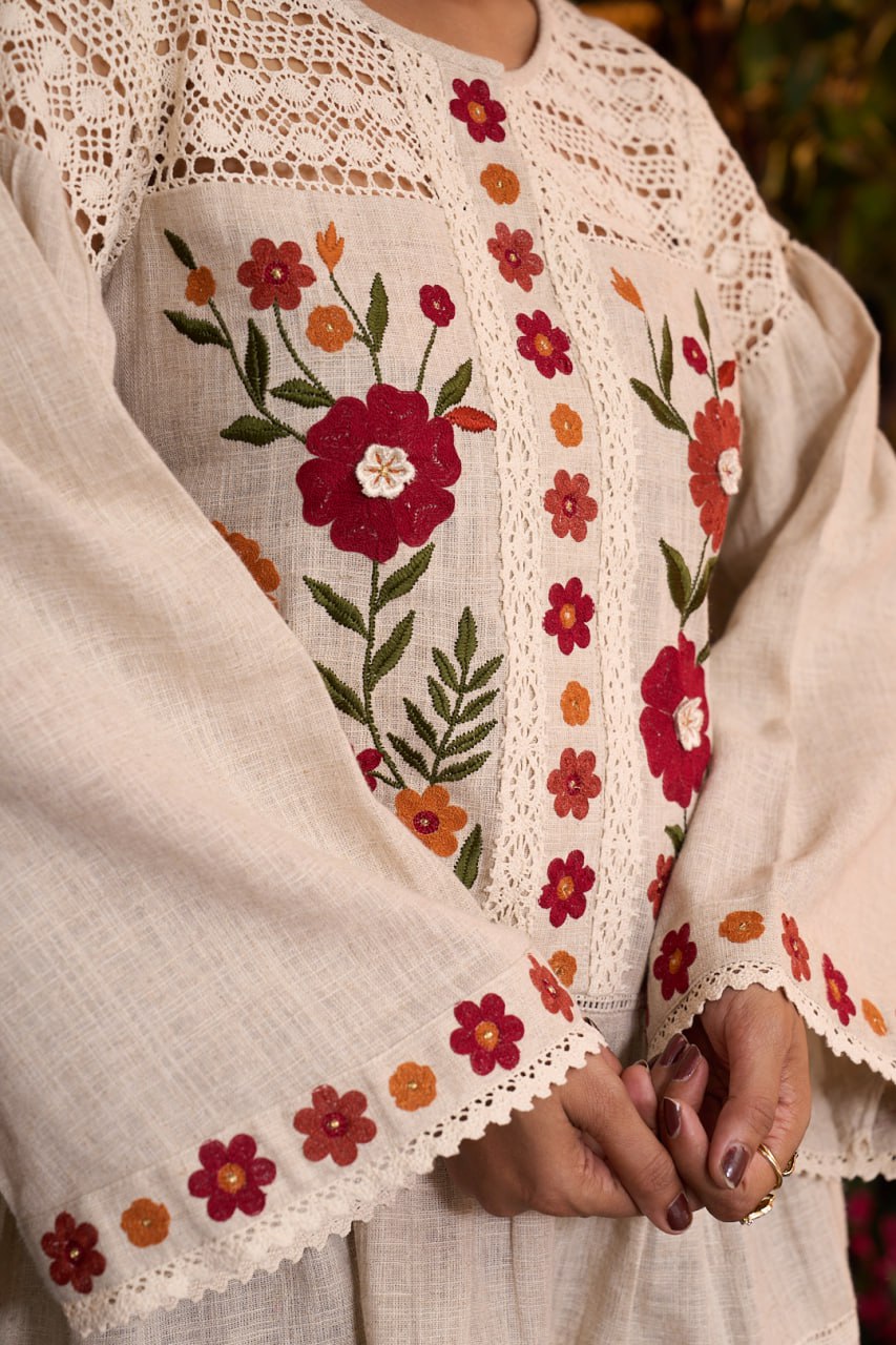 Natural Khadi Short Dress – Multi Flower Embroidery – Full Sleeve