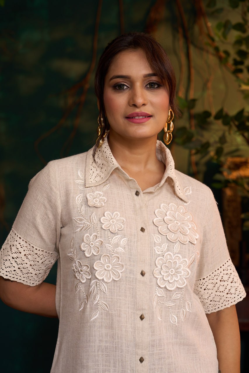 Natural Khadi Short Kurta – 3D Flower Embroidery – Half Sleeves