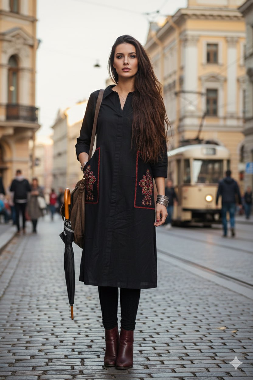 Black Cotton Linen Long Coat – Side Pocket Embroidery – 3/4 Sleeve