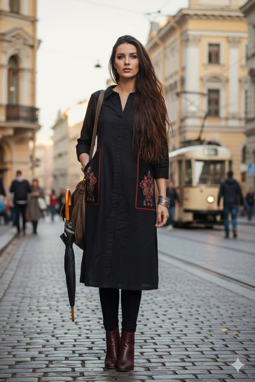 Black Cotton Linen Long Coat – Side Pocket Embroidery – 3/4 Sleeve