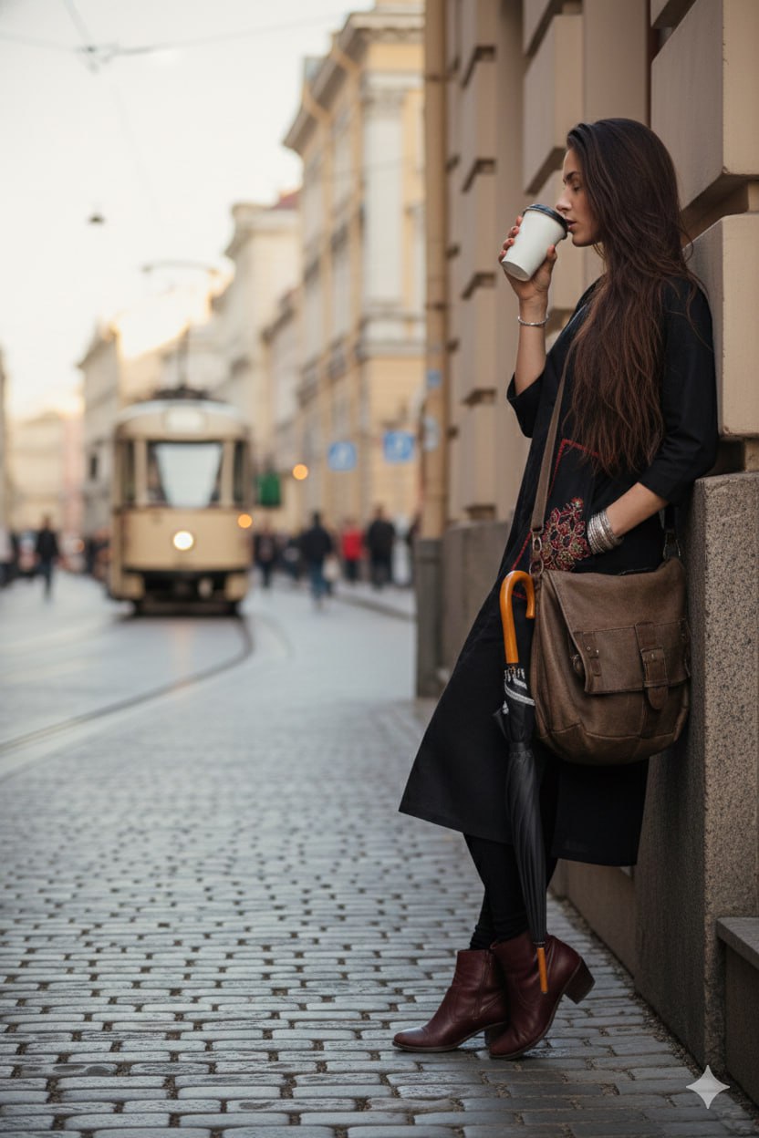 Black Cotton Linen Long Coat – Side Pocket Embroidery – 3/4 Sleeve