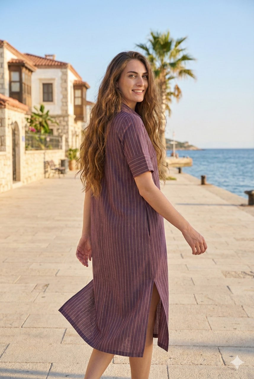 Wine Stripe LYO Silk Linen Kurta – Half Sleeve – Party Wear