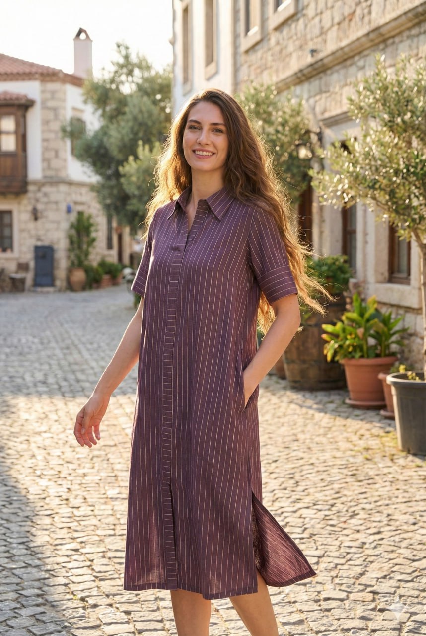Wine Stripe LYO Silk Linen Kurta – Half Sleeve – Party Wear