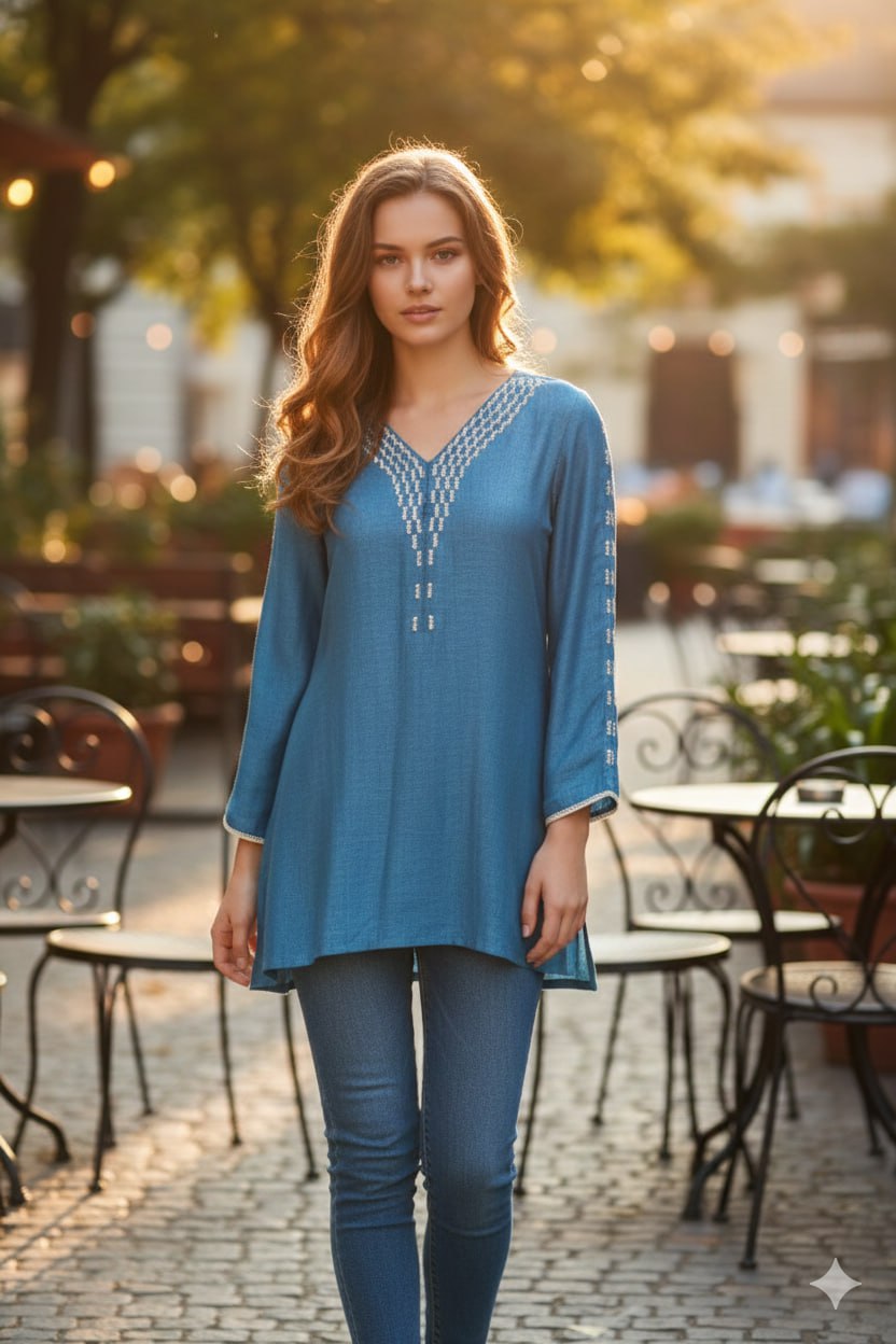 Blue Bember Linen Top – Neck Katha Work – Full Sleeve – Office