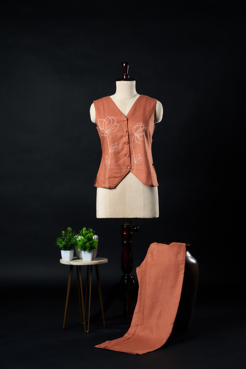 Rust LYO Silk Linen Jacket Set – Sleeveless Top with Pant