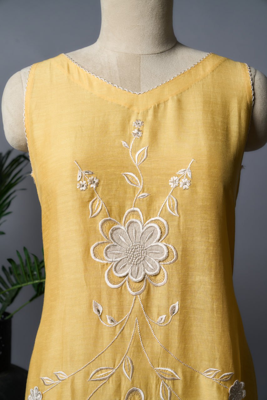 Yellow Bember Linen Top – 3D Flower Work – Sleeveless – Office