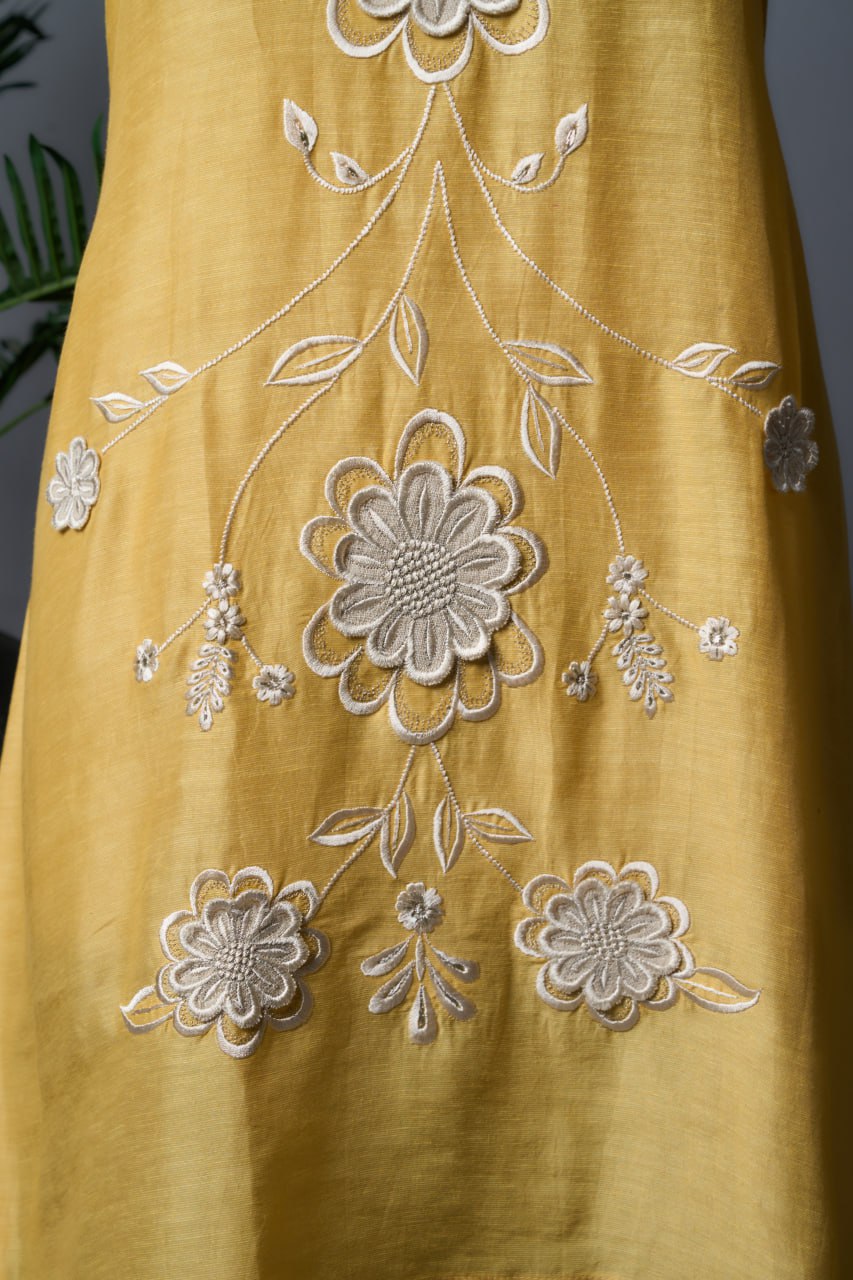 Yellow Bember Linen Top – 3D Flower Work – Sleeveless – Office