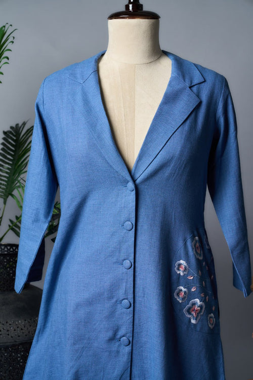 Blue Khadi Cotton Coat – Side Pocket Embroidery – 3/4 Sleeve