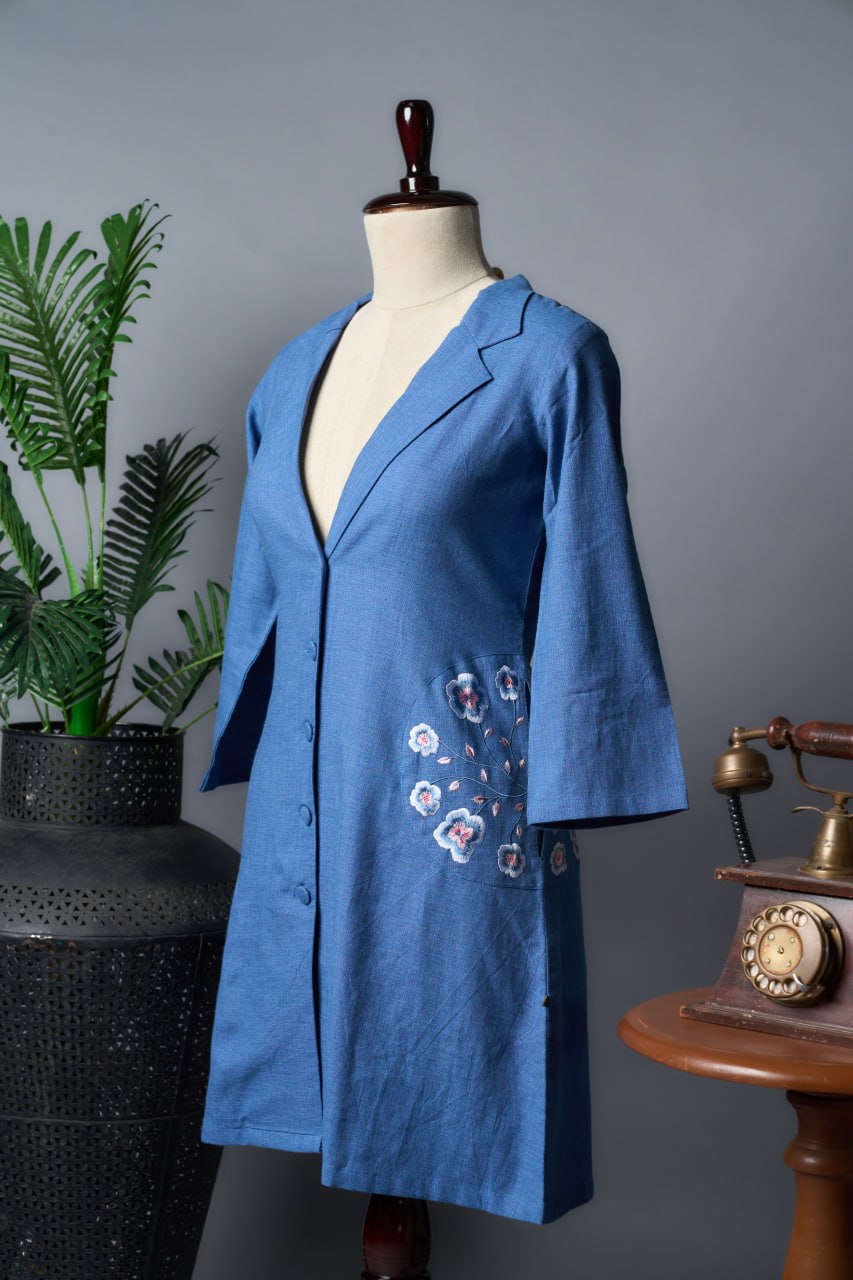 Blue Khadi Cotton Coat – Side Pocket Embroidery – 3/4 Sleeve