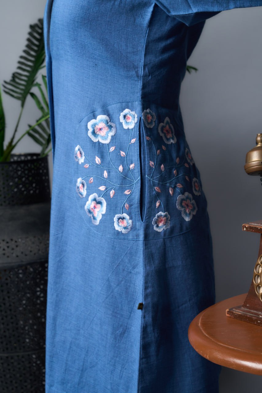 Blue Khadi Cotton Coat – Side Pocket Embroidery – 3/4 Sleeve
