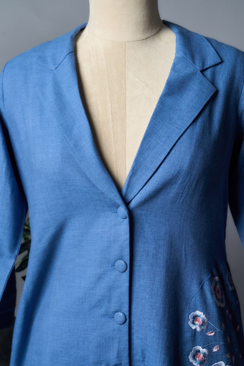 Blue Khadi Cotton Coat – Side Pocket Embroidery – 3/4 Sleeve