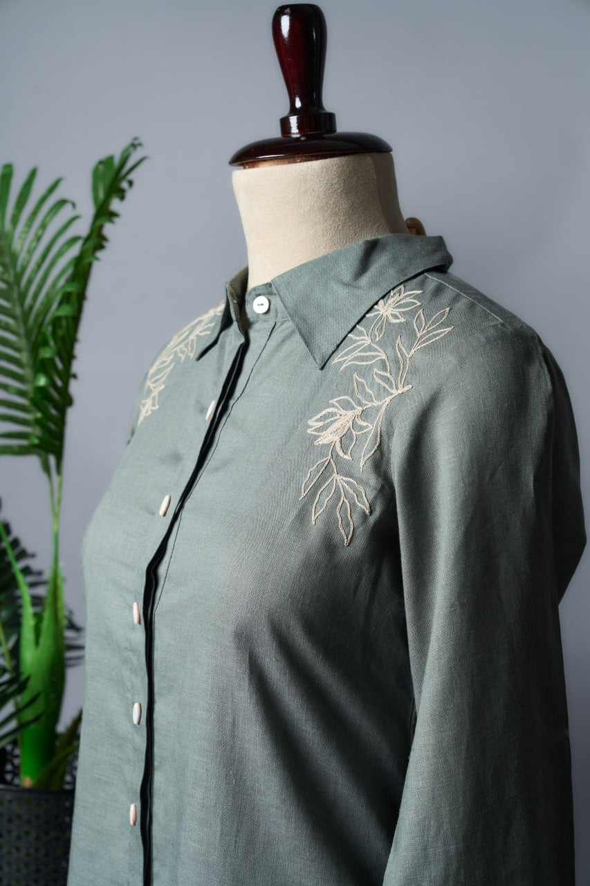 Dusty Green Tensil Linen Shirt – Collar Type – Full Sleeve