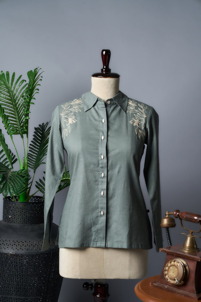 Dusty Green Tensil Linen Shirt – Collar Type – Full Sleeve