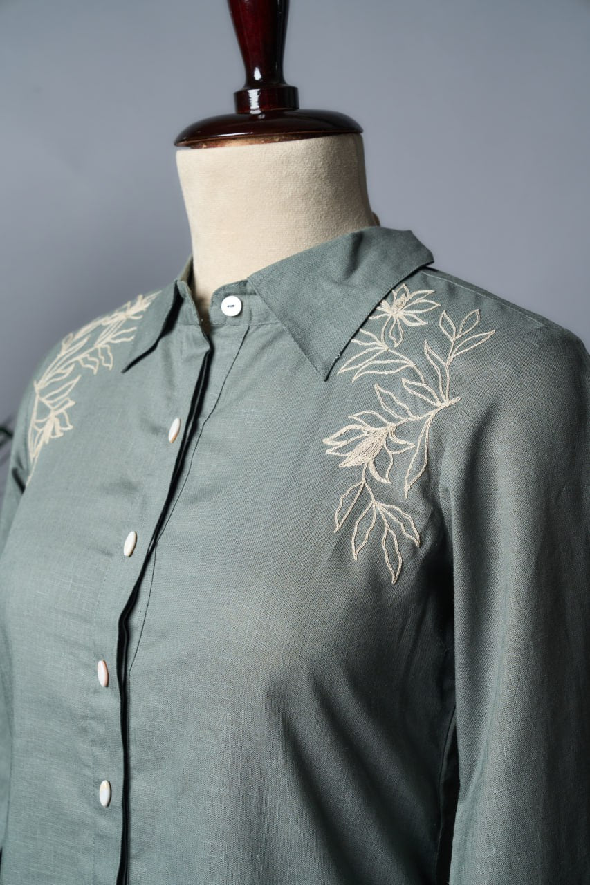 Dusty Green Tensil Linen Shirt – Collar Type – Full Sleeve