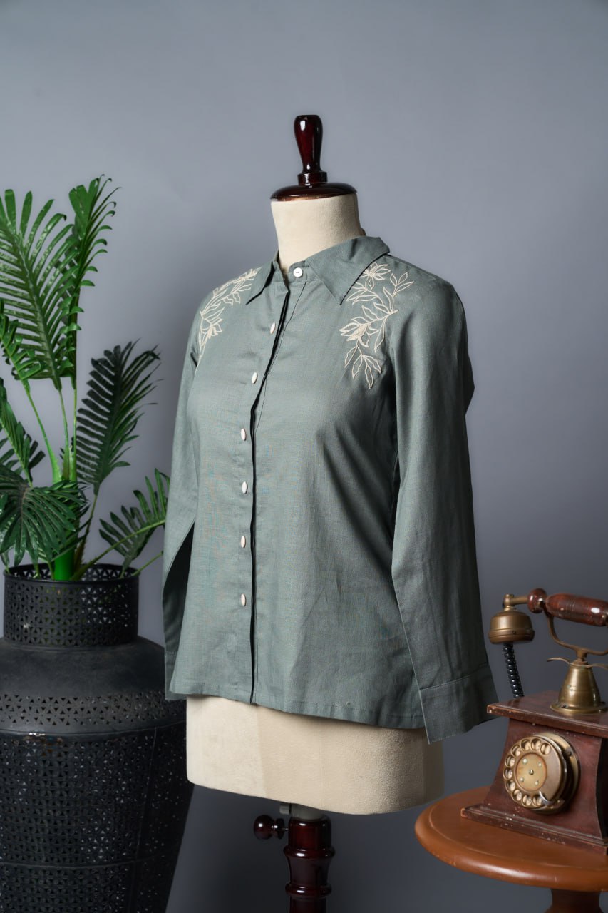 Dusty Green Tensil Linen Shirt – Collar Type – Full Sleeve