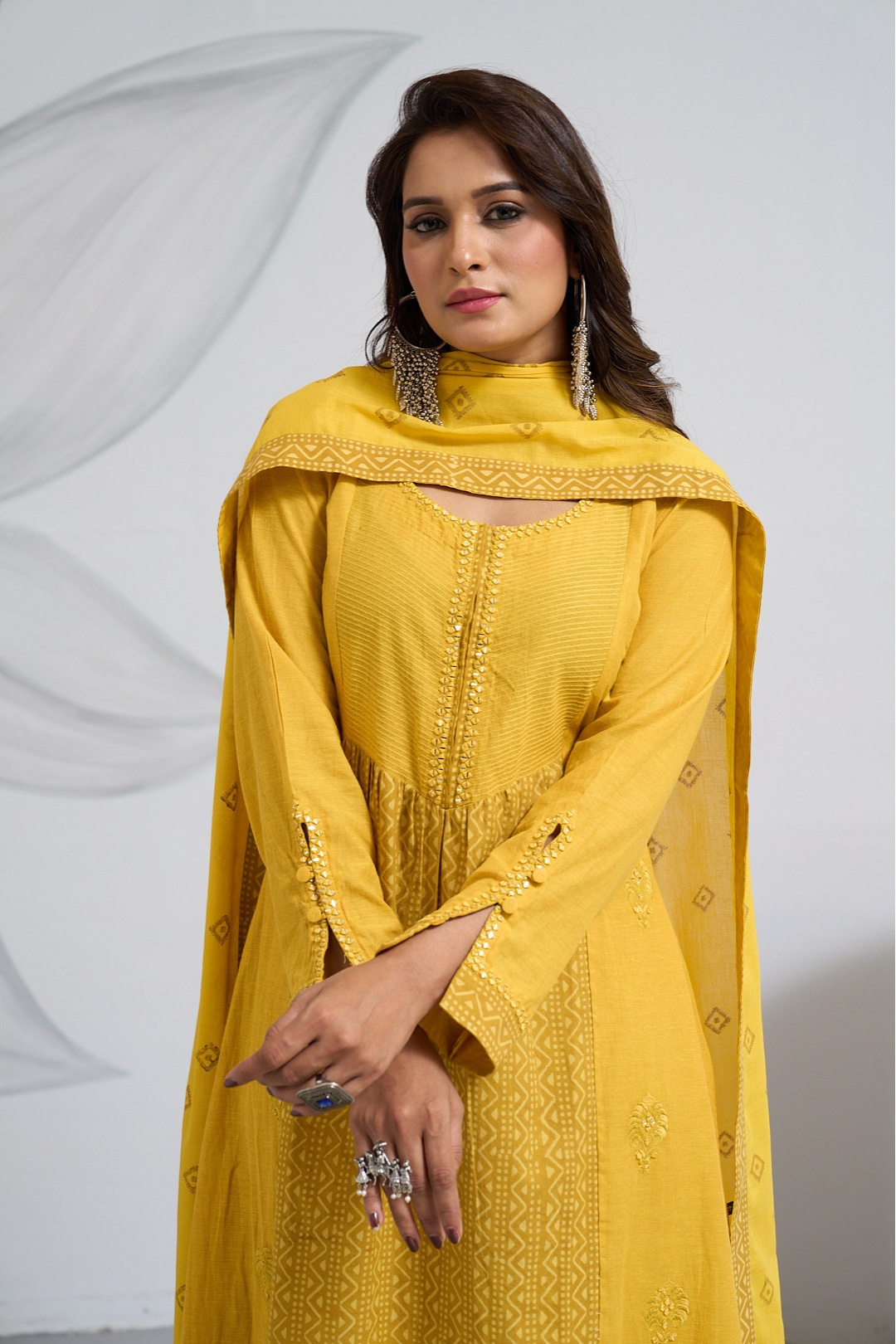 Occur Yellow South Cotton Panel Anarkali Dress with Dupatta