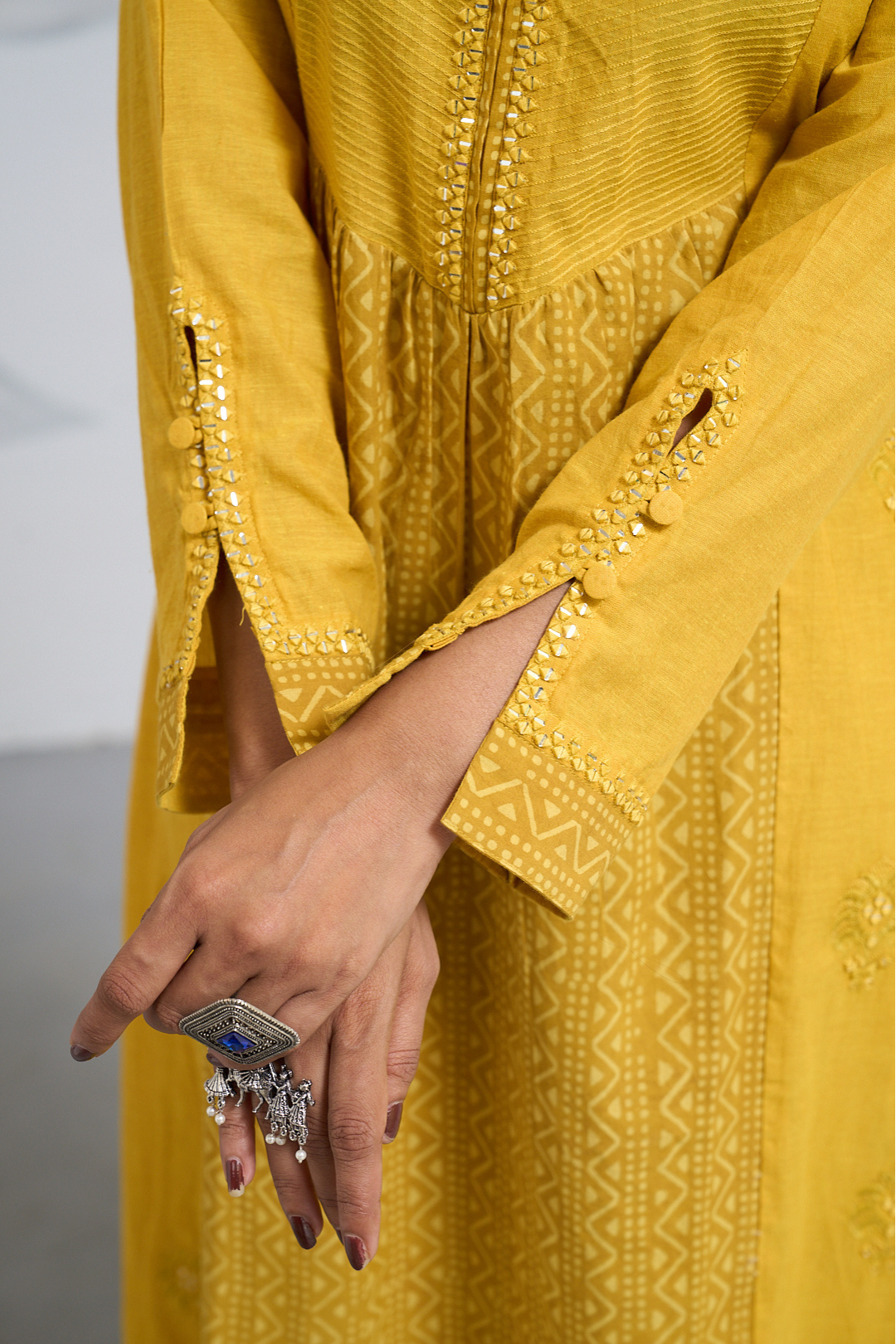 Occur Yellow South Cotton Panel Anarkali Dress with Dupatta