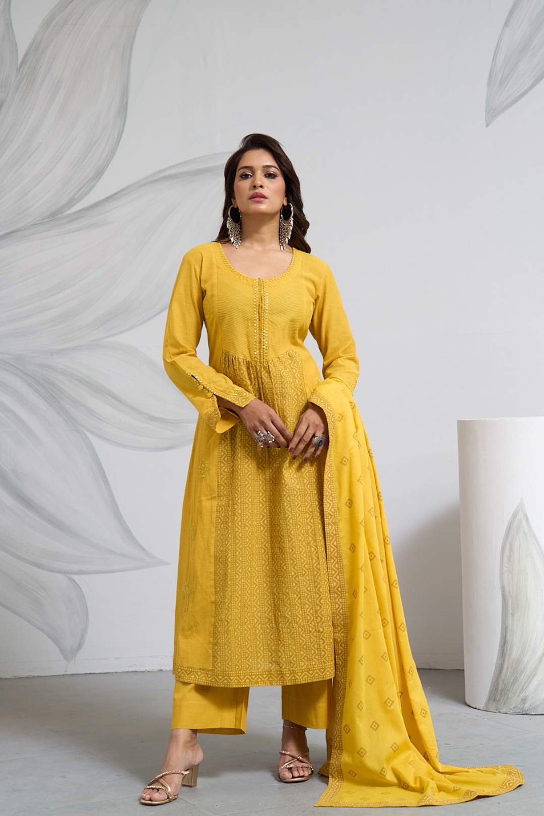 Occur Yellow South Cotton Panel Anarkali Dress with Dupatta