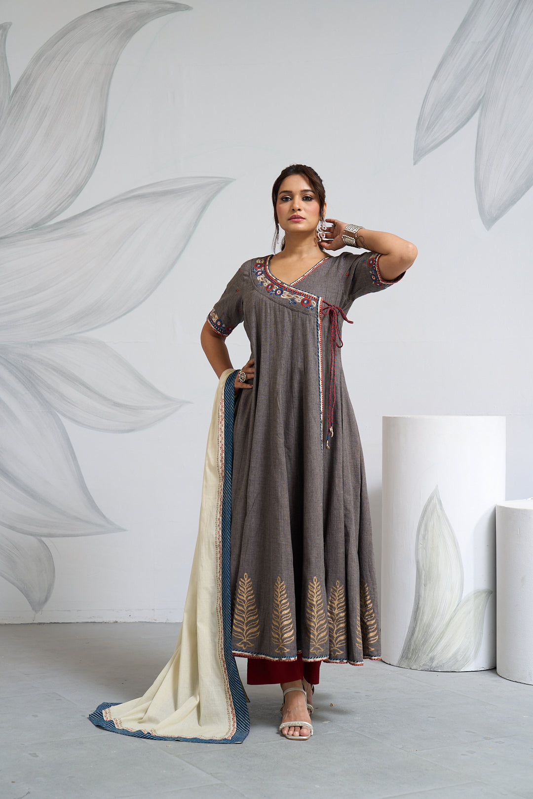 Grey Angrakha Anarkali – Block Print & Mirror Work